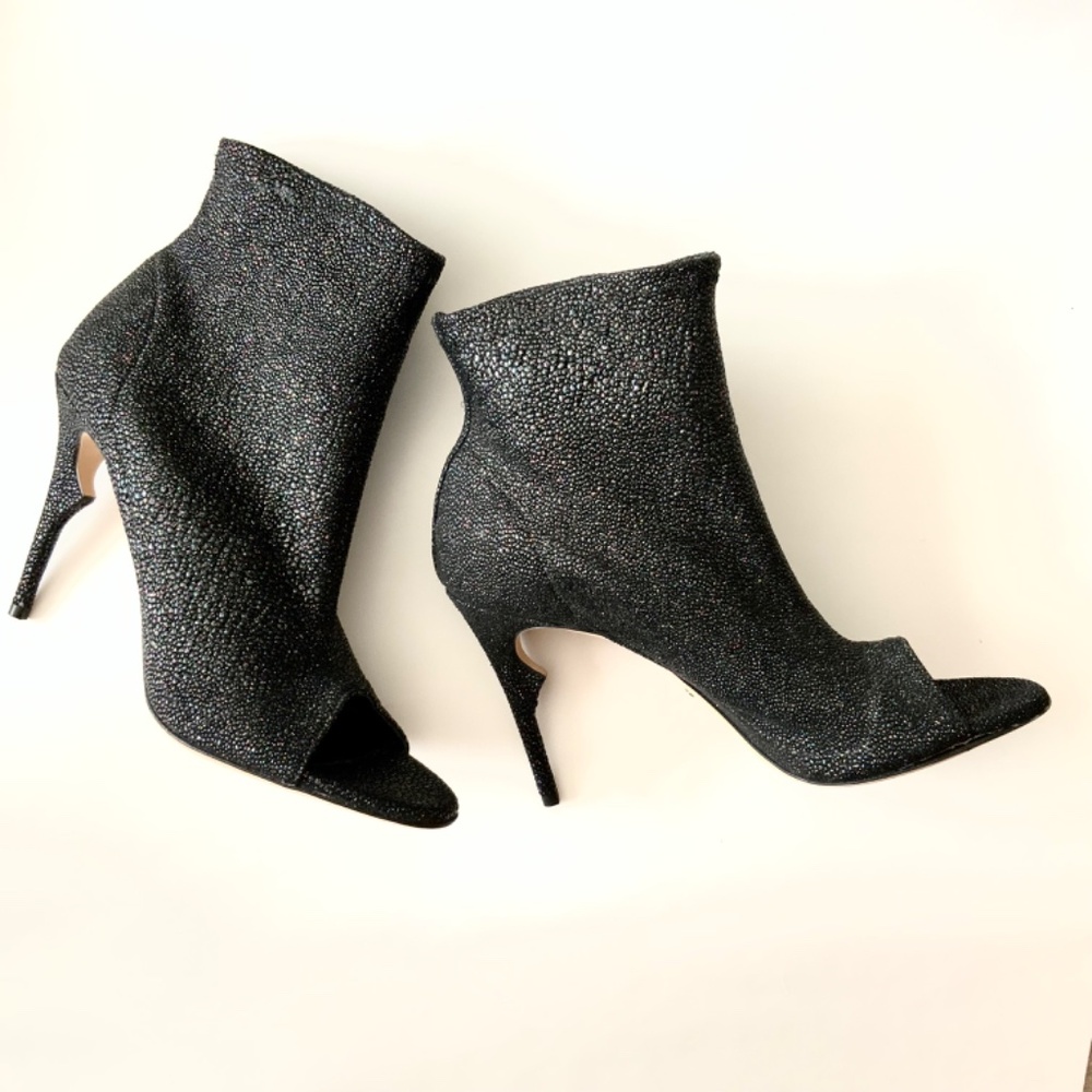 Jerome C. Rousseau Black Leather Open Toe Booties Pumps Stiletto Heel Shoes 38.5